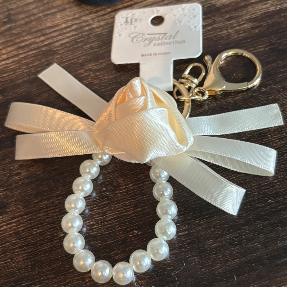 Crystal Collection Ivory Satin Rose Faux Pearl Bow Keychain Gold Tone Clasp